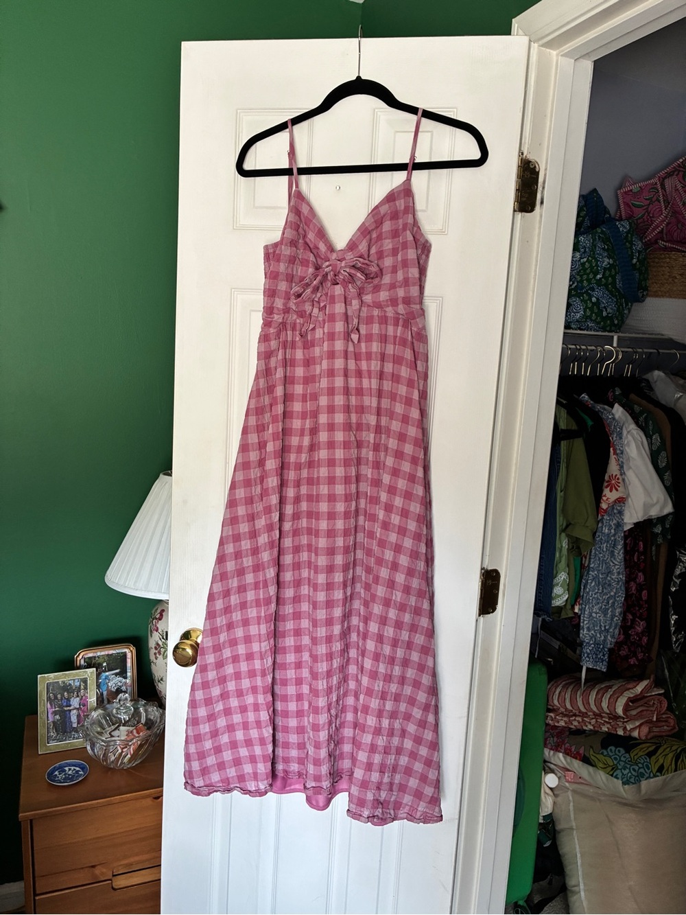 En Creme Pink Gingham Maxi Dress with Bow Front